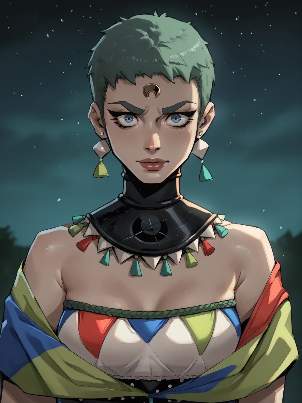 score_9, score_8_up, score_7_up, score_6_up, score_5_up , source_anime BREAK
1igrl, hades2eris ,forehead mark,<lora:erisPony:1>, short hair, green hair, erisDress, collar, earrings, , portrait, breasts, ,
moonlight, particles, night, dark scene, cell shading, linear hatching,