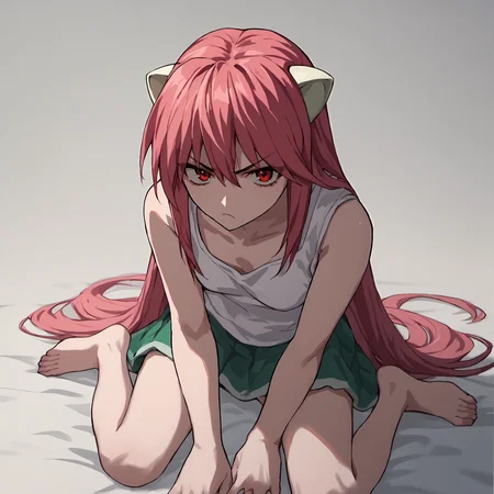 score_9, score_8_up, score_7_up, score_6_up, score_5_up, score_4_up,source_anime,Lucy, 1girl, solo, long hair, horns, red eyes,pink hair, skirt, (from front), white tanktop, red hair,no pants,barefoot, scowl, looking at viewer, <lora:LucyPXL-000009:1>