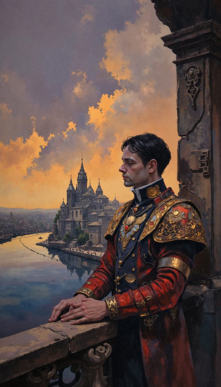 GLOW,intricate tetradic colors in every details,watercolor painting,FLUORESCENT,Rhizocarpon geographicum texture,gold dust, A young prince, resplendent in a vermillion-trimmed, ebony doublet with ornately-wrought gold filigree, gazes upon his luminescent kingdom. Render the scene in high fantasy realism, emphasizing the opulent grandeur of the architecture and the prince's wistful contemplation. The camera angle should be a medium shot, capturing the boy from the back as he rests his hand on a stone balustrade. Bathe the scene in the ethereal glow of twilight, employing a chiaroscuro technique to accentuate the contrast between light and shadow, mimicking the style of baroque masters. The background should teem with life, depicting a bustling metropolis nestled amidst a phantasmagorical cityscape dominated by towering, gothic spires reaching towards the heavens. Ensure the lighting suggests the sun setting behind the viewer, casting long shadows and imbuing the sky with vibrant hues of orange, purple, and gold.