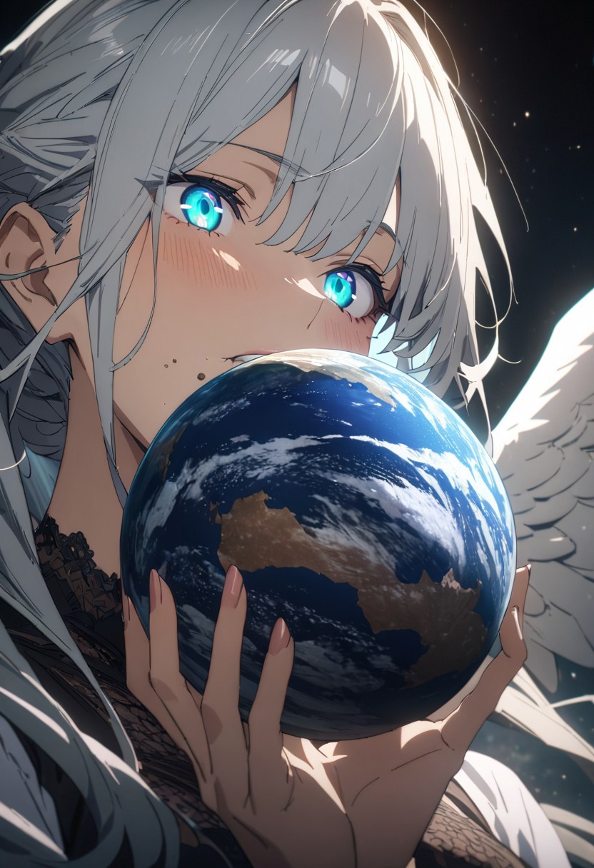 gorgeous lips, cinematic, (masterpiece), (best quality), (ultra-detailed), very aesthetic, perfect composition, intricate details, absurdres, detailed face, (anime, masterpiece, intricate:1.3), (best quality, hires textures, high detail:1.2), 
1girl, solo, space, small planets, floating object, white wings, black ribbon, gradient eyes, beautiful detailed eyes, gradient background, holding planet, eating planet, (masterpiece:1.4), (best quality:1.4), (ultra-detailed:1.2), gl0w, glow