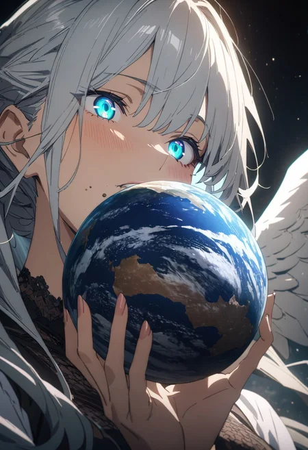gorgeous lips, cinematic, (masterpiece), (best quality), (ultra-detailed), very aesthetic, perfect composition, intricate details, absurdres, detailed face, (anime, masterpiece, intricate:1.3), (best quality, hires textures, high detail:1.2),
1girl, solo, space, small planets, floating object, white wings, black ribbon, gradient eyes, beautiful detailed eyes, gradient background, holding planet, eating planet, (masterpiece:1.4), (best quality:1.4), (ultra-detailed:1.2), gl0w, glow