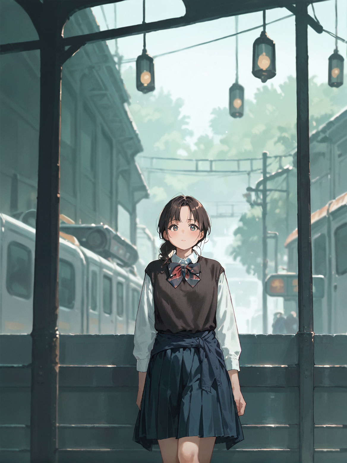 score_8_up, score_7_up, score_6_up, source_anime, 1girl, solo,  train station
 <lora:schooluniform:1>
white shirt, brown sweater west, sweater around waist, long sleeves, bowtie, pleated skirt