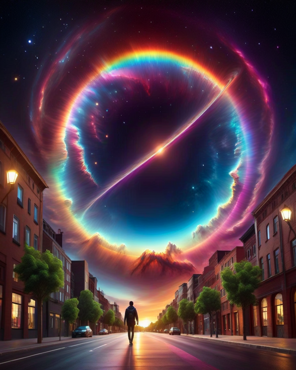 photoreal cinematic shot of a person walking on a dark street, looking at the sky, buildings around, at night, backgroun in the sky a complet rainbow ring nebula, 4k, masterpiece, high definition, cinematic