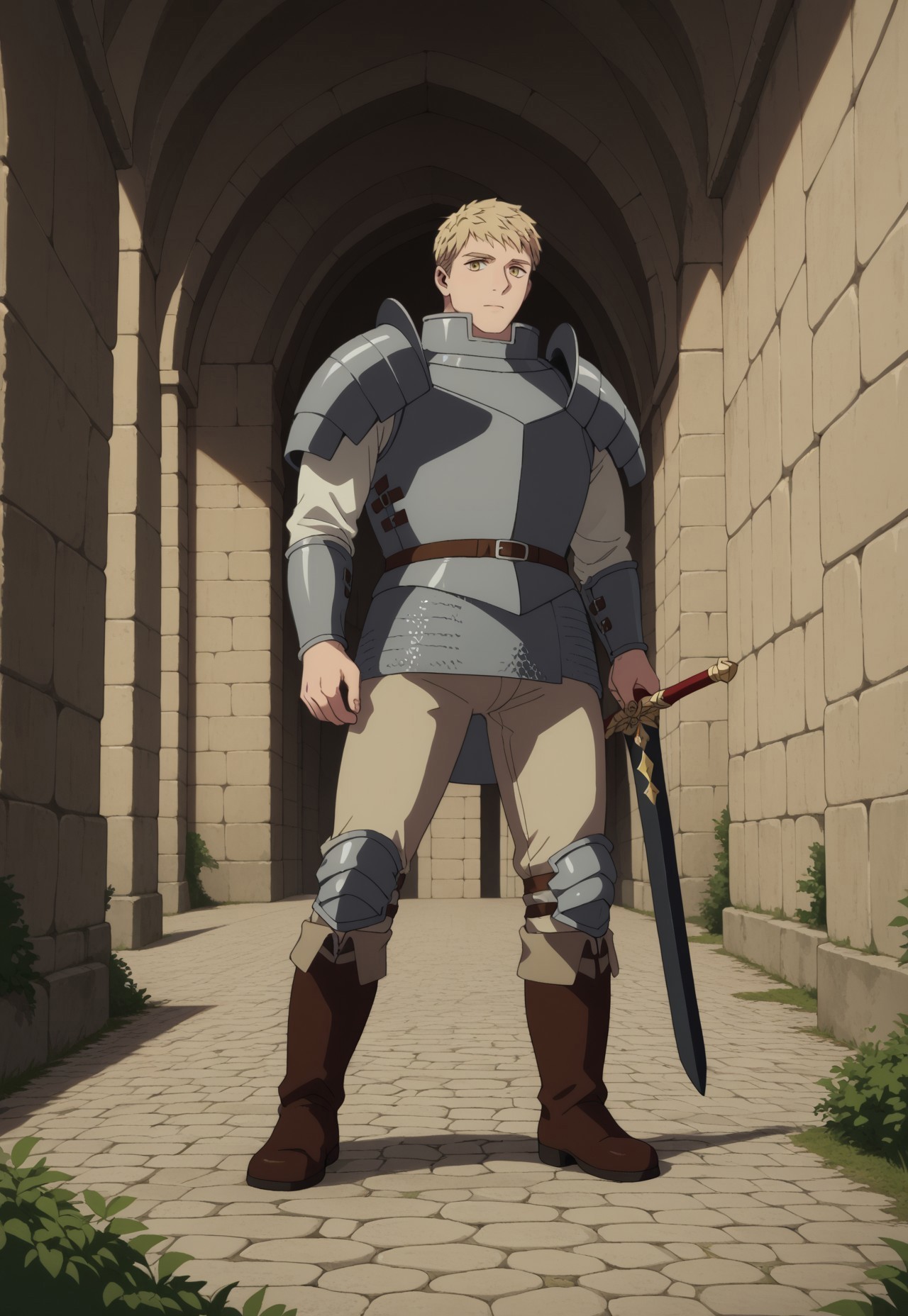 score_9, score_8_up, score_7_up, masterpiece, best quality, amazing quality, very aesthetic, absurdres, Dunmeshi_Laios, 1boy, solo, male focus, blonde hair, short hair, yellow eyes, armor, gorget, pauldrons, cuirass, white shirt, arm guards, brown belt, chainmail, beige pants, knee guards, brown boots, sheath, holding sword, full body, dynamic pose, perspective