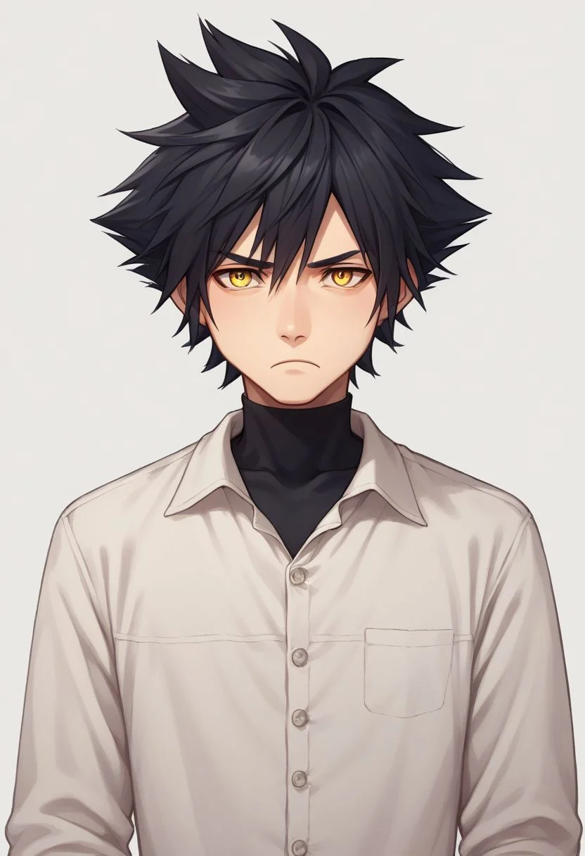 score_9, score_8_up, source_anime, highly detailed, 1boy, solo, male_focus,
vanitas, solo, 1boy, male focus, spiked hair, black hair, yellow eyes, shirt, pants, shoes, bored, frown, upper body,