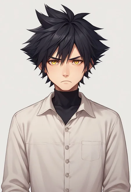score_9, score_8_up, source_anime, highly detailed, 1boy, solo, male_focus,
vanitas, solo, 1boy, male focus, spiked hair, black hair, yellow eyes, shirt, pants, shoes, bored, frown, upper body,