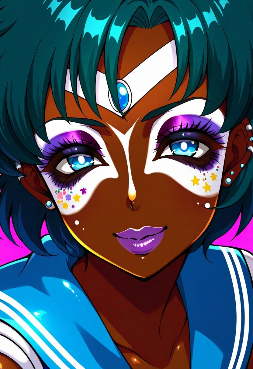 1girl, solo, (sailor mercury:1.4),  , yamanba, dark skin, dark-skinned female, makeup, eyeshadow, (white facepaint makeup), facial mark, face stickers, piercings, tattoos, close up shot, smile, closed mouth, lips, neon glow