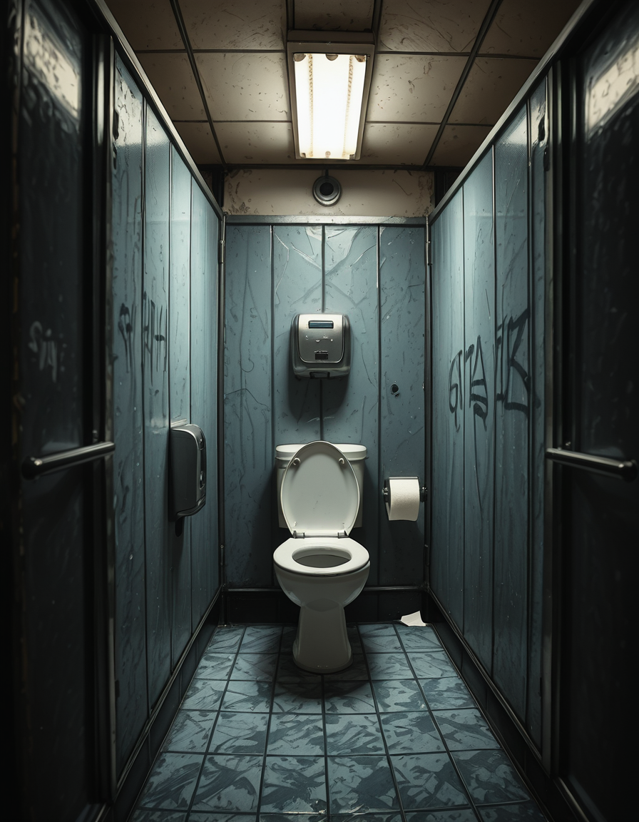 A highly realistic, detailed photograph of a public restroom stall from a human eye-level perspective. The stall is constructed with dull, light gray metal partitions showing subtle scratches and wear from years of use. The door is slightly ajar, with a simple metal latch and a small gap visible at the bottom and top of the door. Inside the stall, there is a standard white ceramic toilet with a chrome flush handle, positioned against a wall of white, slightly aged subway tiles. The floor is covered with small, dark gray hexagonal tiles, with faint reflections from the overhead fluorescent lighting. A single toilet paper dispenser made of stainless steel is mounted to the side wall, partially filled, with a torn sheet hanging loosely. The lighting is cool and sterile, casting soft shadows and emphasizing the slightly utilitarian, worn-out atmosphere of the space. Subtle details like faint graffiti scratched into the partition, a discarded paper towel near the floor, and small water stains near the base of the toilet contribute to the realistic, everyday public restroom feel. The photo is sharp, with a neutral color palette and an urban documentary style.
 <lora:SDXLFaeTastic2400:0.4> <lora:extremely_detailed:0.4> extremely detailed,<lora:public_restroom_st4ll_r2:1>,public restroom st4ll, Masterpiece,best quality,hi res,8k,hi res,8k,award winning,(sharp focus, intricate, highly detailed),