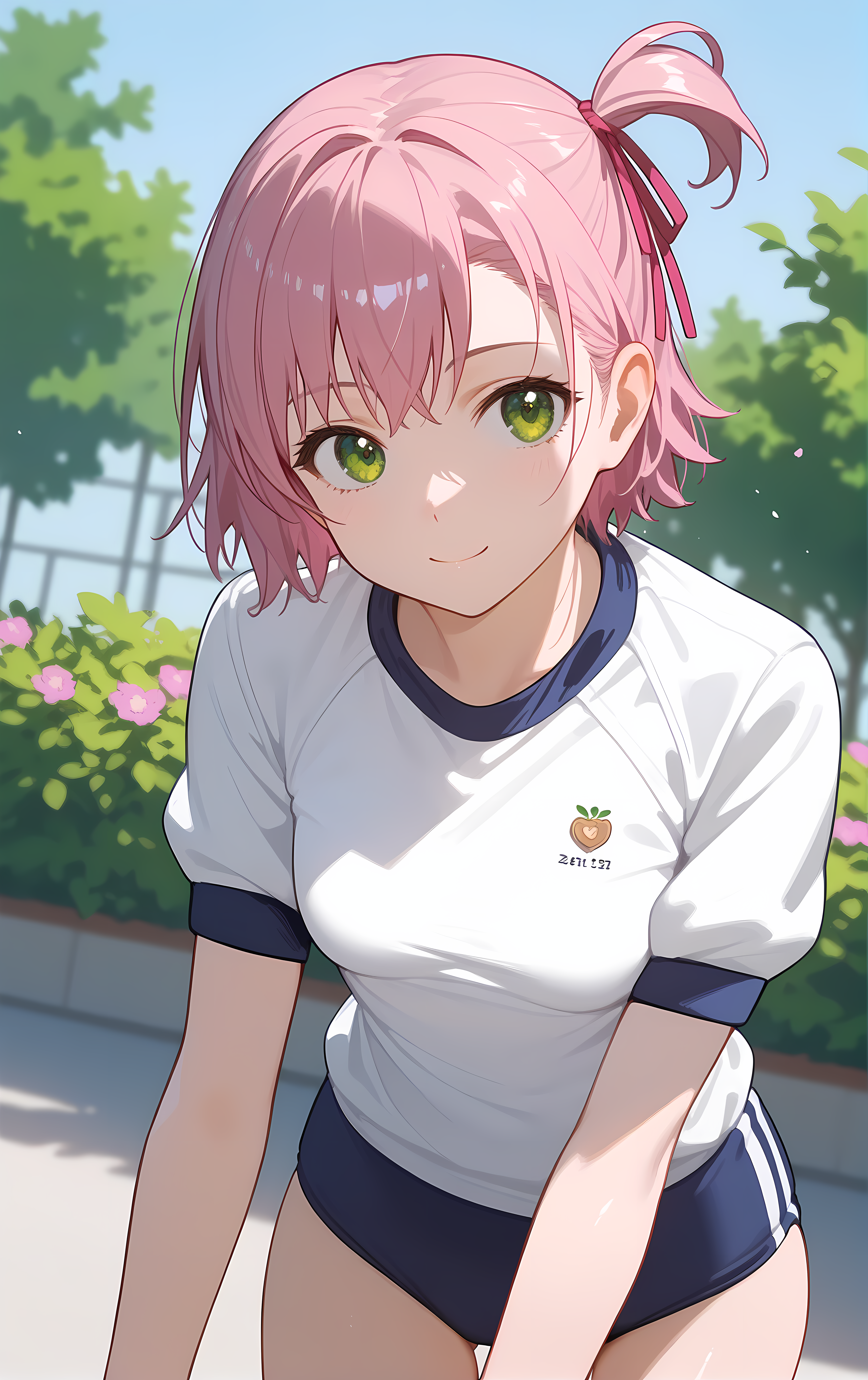 (score_9, score_8_up, score_7_up), standing, leaning forward, looking at viewer, light smile, closed mouth, shiny skin, tight clothes,
ohwx, 1girl, solo, green_eyes, small_breasts, ribbon, hair_ribbon, short_hair, one_side_up, pink_hair, pink_ribbon, side_ponytail,
gym_uniform, white_shirt,
flower garden,
cowboy shot, dutch angle, close-up,
 <lora:uruchi_minaya_pony_ss:1>