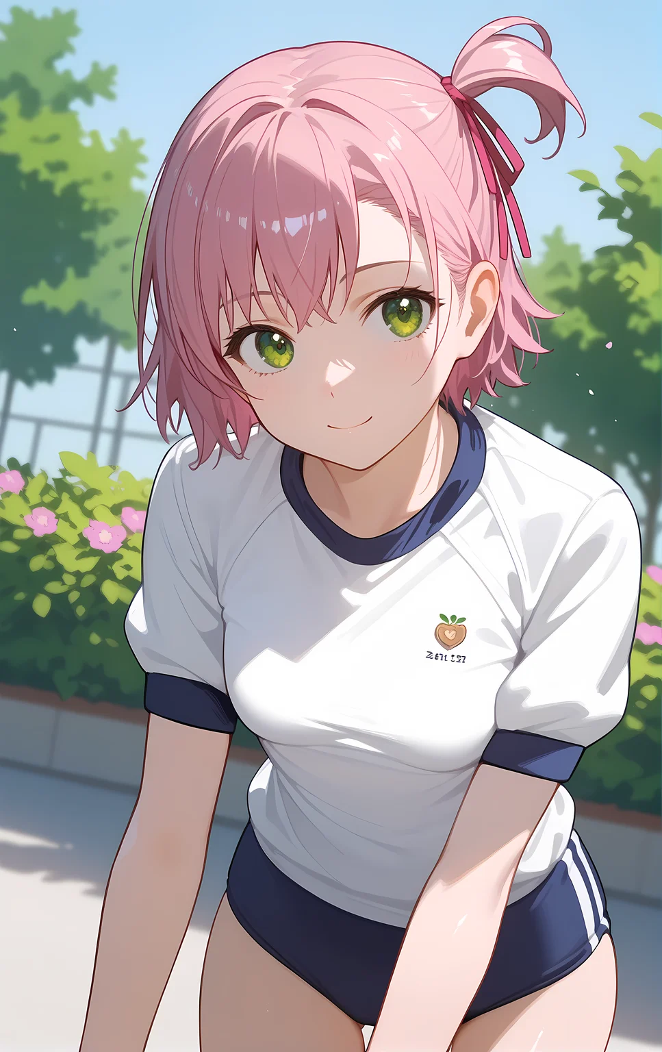 (score_9, score_8_up, score_7_up), standing, leaning forward, looking at viewer, light smile, closed mouth, shiny skin, tight clothes,
ohwx, 1girl, solo, green_eyes, small_breasts, ribbon, hair_ribbon, short_hair, one_side_up, pink_hair, pink_ribbon, side_ponytail,
gym_uniform, white_shirt,
flower garden,
cowboy shot, dutch angle, close-up,
<lora:uruchi_minaya_pony_ss:1>