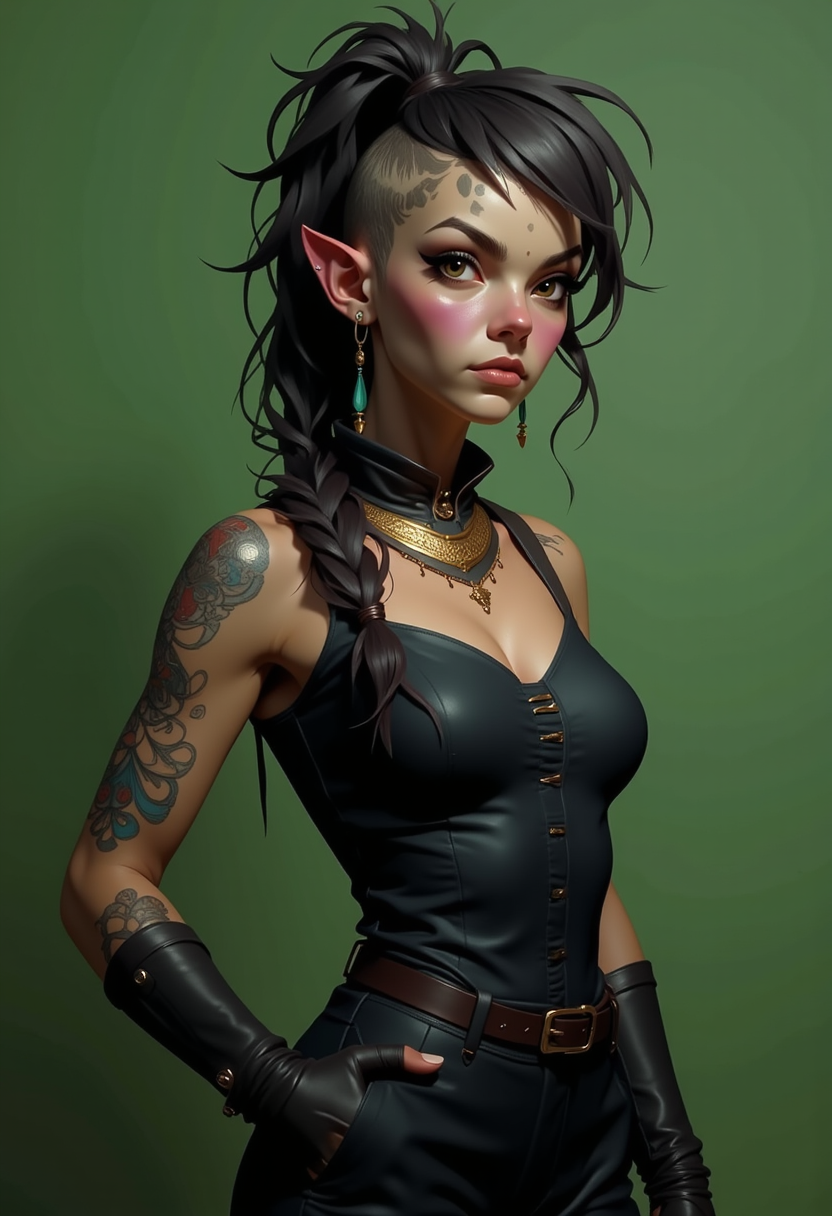 Headshots,masterpiece, a beautiful woman,Hyperrealistic, she is smiling, dynamic angles, multiple angles, photoshoot poses; A photo of A-laria, a woman with a dark mohawk, she has massive breasts, a beautiful girl,she is wearing a black dress.she has massive breasts, she has piercing eyes. a dynamic pose and a sense of action. simple green background, and the lighting is soft, creating a dramatic effect, creating a focused and dynamic pose.; the scene is set in a beautiful well-lit environment, with a sense of action and adventure. Style: realistic hyper-detailed rendering, 32k UHD, expressive eyes, punk, graphic design, girl's face, pretty and cute, gleaming lips, telling a tale of adventure. Exuding confidence and serenity. The overall mood of the image is happy and relaxed, detailed skin texture,(blush:0.2),(goosebumps:0.3), subsurface scattering,with a playful and whimsical tone, perfect hand, hand, detailed hand,niji style,retro50s_style,