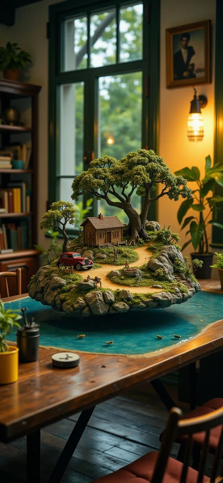 (indoor,very wide isometric view,tilt-shift lens:1.6), (windowless,fna_style,miniature,miniature,diorama,miniature,diorama,PVC,plastic:2),dawn jungle,beach,1910s village with car  at (floating island,levitating  island:1.5) on (table:2) at (attic:2.5)   <lora:Diorama_Flux:1>
 <lora:Fantasy_Novel_Art_Style:1>