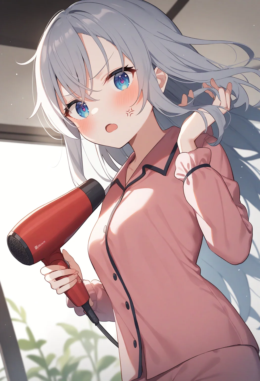 1girl,sincos, ningen mame, toosaka asagi,solo,medium breasts,
hair dryer,drying hair,pajamas, wet hair ,floating hair,wind, after bathing,hand in own hair ,indoors,<lora:dryer_XL_v1:0.8>
ceiling, cinematic angle, looking at viewer, silver hair, pink eyes,anger vein, open mouth, topknot hair,,
best quality, very aesthetic, absurdres