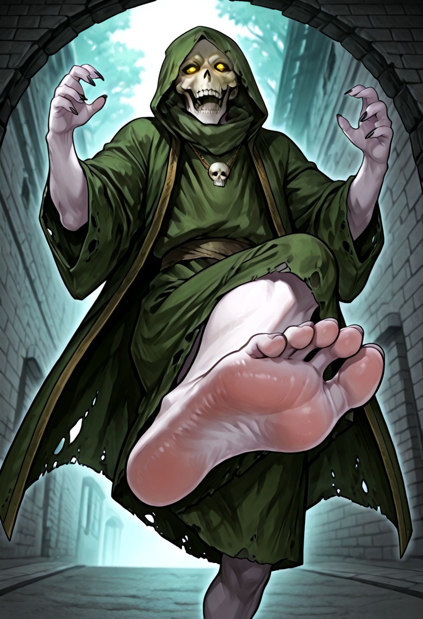 score_9,score_8,score_7,source_furry,
(masterpiece, best quality, high quality:1.2), detailed hands,character focus, detailed skins, body blush, cinematic shadow, character focus, ultra detailed background, 
 <solo:1.5>, <1boy:1.5>,
(anime:3.5), (upper body focus:1.5), (dutch angle:1.5),
detailed skull, detailed face, detailed teeth,
polewiz, male focus, white skin, skull, bald, teeth, tongue, green hood, green cloak, green robes, torn robes, Olive color kanzugi, short kanzugi, green skirt, glowing eyes, yellow eyes, deep eyes hole, long fingernails, gaunt, bony, barefoot, (detailed toes:1.8), adult,
dark purple air, block dungeon background, passageway in distance, darkness,
(jumping kick:1.5),(show soles:1.5), leg up,