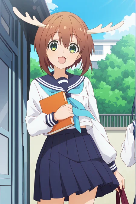 detailed background, official style,anime coloring, (anime screencap) masterpiece, detailed face,1girl <lora:Noko_Shikanoko (1):0.8>Shikanoko, brown hair, school uniform, green eyes, antlers, serafuku, skirt, blue neckerchief, white shirt, holding, long sleeves, sailor collar, smile, shirt, pleated skirt, open mouth, solo focus, :3, neckerchief, hair between eyes, blue sailor collar, :d, looking at viewer, bangs, short hair, blue skirt, outdoors, holding book, book