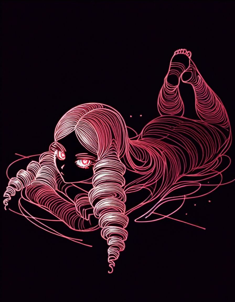 score_9,score_8_up,score_7_up, <lora:Navi_LustStrokes_PonyXL_S1:1>, pink sketch, monochrome, black background, black theme,  
 symbol-shaped pupils, very long hair, blunt ends,  drill sidelocks, solo, on stomach, from above,  feet up,  legs together,  looking back,  looking at viewer,