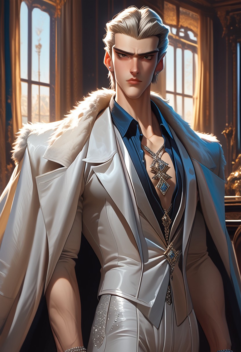 (score_9, score_8_up, score_7_up), cowboy shot,
best quality, highly detailed, ultra high quality, masterpiece, high res, front view, 
1boy, solo, male focus, sexy, AoBingDe, white blonde hair, hair slicked back,  brown eyes, light pale skin, white suit, formal suit, elegant clothes, fur trim, dark blue shirt, unbutonned shirt, white pants, jewelry, necklace, piercings on ears, serious expression, male, 18 years old, chiseled face, large pectorals, lean body, wide shoulders, slim waist, tiny waist, huge bulge, muscular, massive pectorals, wide shoulders, tiny waist, narrow waist, 
detailed background, sophisticated interior, sophisticated atmosphere, window, curtains,