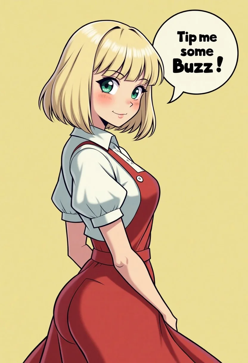 plain empty background, Platinum Blonde Hair, 18 Years of Age Woman, (Bowlcut, Bobcut, straight fringe), (lithe), ((female)), (American Diner Waitress), looking at viewer, standing up, speech bubble: "Tip me some Buzz!"
