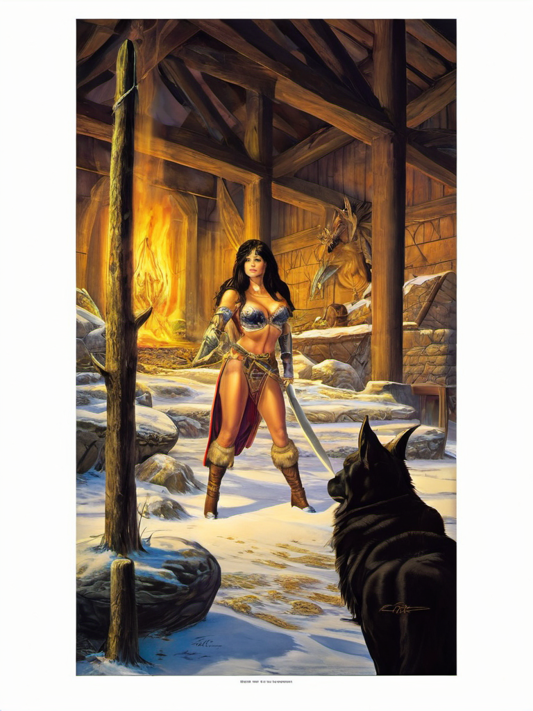 fantasy illustrations of by Elmore_Style_LX , Witches and warriors, sexy, skimpy, slutty, supermodel witch, adventure, cinematic, epic outdoor location, fantasy illustration, cinematic scene by forgotten realms, 1woman barbarian, skimpy armor, Huge breasts, bikini armor, sexy barbarian nude , with sword with a magic items, in the background epic winter sunset Fantasy masterpiece by Larry Elmore , dragonlance , <lora:Elmore_Style_LX-000010:0.7>