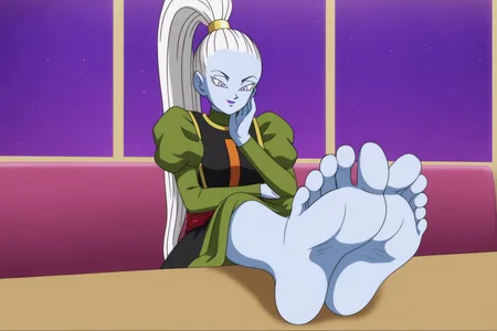 source_anime, score_9, score_8_up, score_7_up, anime screencap,8k, absurd res,
vados \(dragon ball\), hair pulled back, high ponytail, 1girl, solo, very long hair, looking at viewer, smile, sitting, purple eyes, white hair, barefoot, feet, makeup, toes, colored skin, soles, foreshortening, blue skin, foot focus, feet on table, underskirt, undershirt, turtleneck, sleeveless dress, red sash, print dress, puffy sleeves, neck ring, long sleeves, hand on own cheek, hand on own stomach, green skirt, green topwear, gold trim, eyelashes, black dress, long skirt, purple lips, indoors,
<lora:vados_pony_v1:0.8>