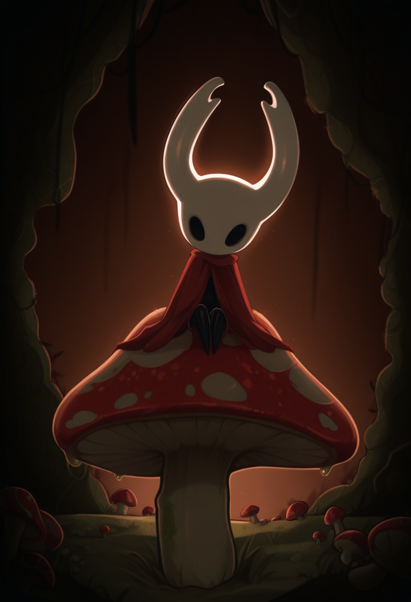 tozierstyle, masterpiece,  best quality, solo,  hollow knight, white horns, black body, red attire, perched upon a mushroom,  victorian background, backlighting, fungal caves, spores, moss, mushrooms