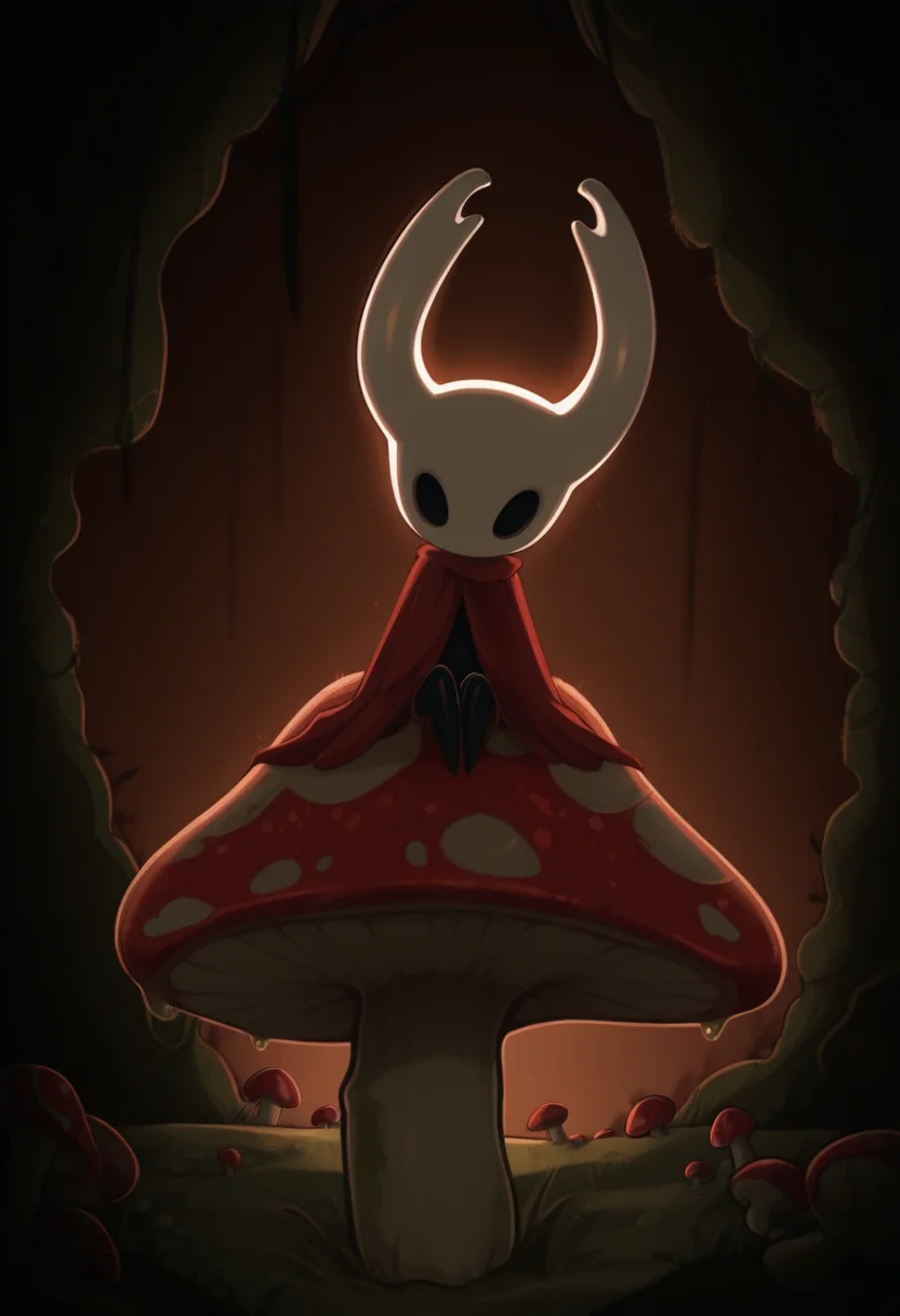 tozierstyle, masterpiece, best quality, solo, hollow knight, white horns, black body, red attire, perched upon a mushroom, victorian background, backlighting, fungal caves, spores, moss, mushrooms
