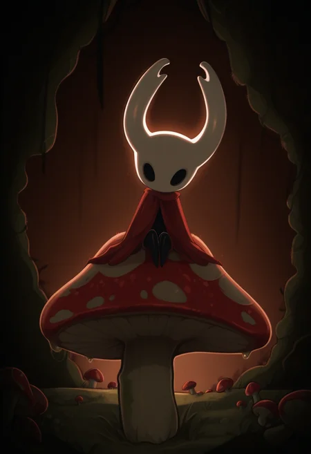 tozierstyle, masterpiece, best quality, solo, hollow knight, white horns, black body, red attire, perched upon a mushroom, victorian background, backlighting, fungal caves, spores, moss, mushrooms