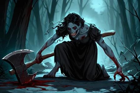 Detailed, details, v4l3nt4in3, gloomy, horror, outdoors, photorealistic, dangerous aura,
Solo, full body, Clothes, silhouette of woman far away, black sclera, injury, blood, teeth visible through cheek, dead eyes, half-closed, head tilt, Protruding bones, zombie, ripped skin, zombie pose, torn cheek,Dragging a huge hammer behind her, leaving a trail of drag, holds great axe, walks forward, dynamic pose,
<lora:Valentaine-Illustrious-000016:1>