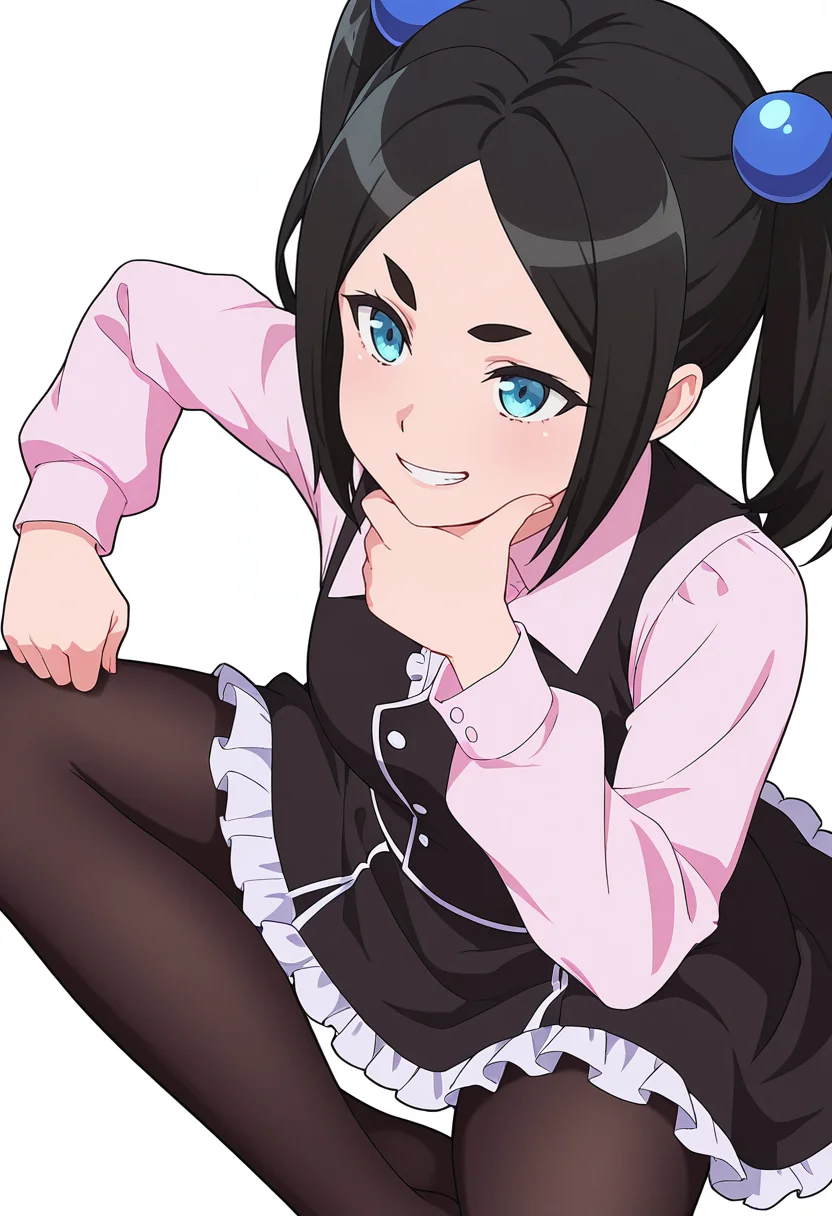Smooth Quality,masterpiece,very intricate, high quality details, ultra realistic, high detailed skin,detailed enviorement,absurdres,
thumbs down,
<lora:Dannar_Toxico_CNR:0.7> toxico_cnr, 1girl,black hair, twintails, blue eyes, thick eyebrows,
toxico_black_cnr, 1girl,light pink shirt, long sleeves,collared shirt, black vest, black skirt, frilled skirt, frilled dress, sleeveless dress, black pantyhose,buttons, center frills, hair bobbles,, simple background, white background, from above,
sitting pose, legs crossed, one hand resting on chin, playful smile, relaxed shoulders,  ,, grin,