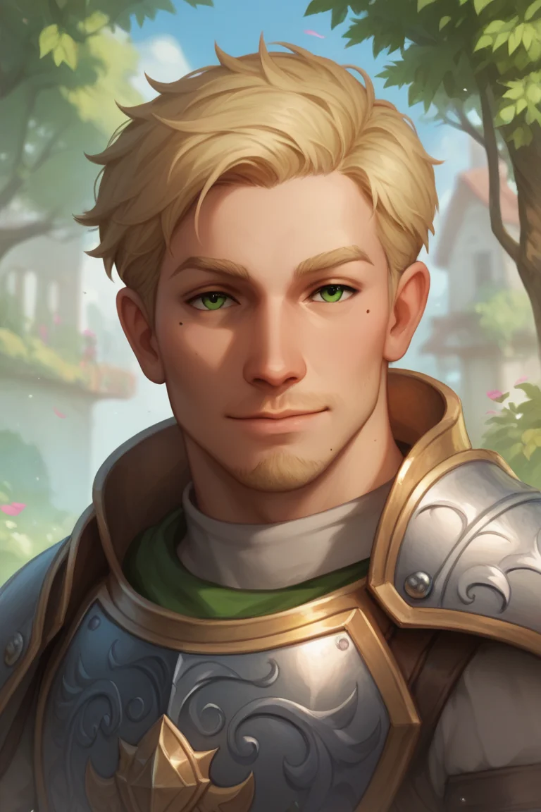 score_9, score_8_up, score_7_up, score_6_up, mature male, adult, short hair, blonde hair, happy, closed mouth, looking at viewer, green eyes, bronze armor, fighter, outdoors, mole under eye, long facial hair, <lora:Calmlike_V3:1> calmfd,