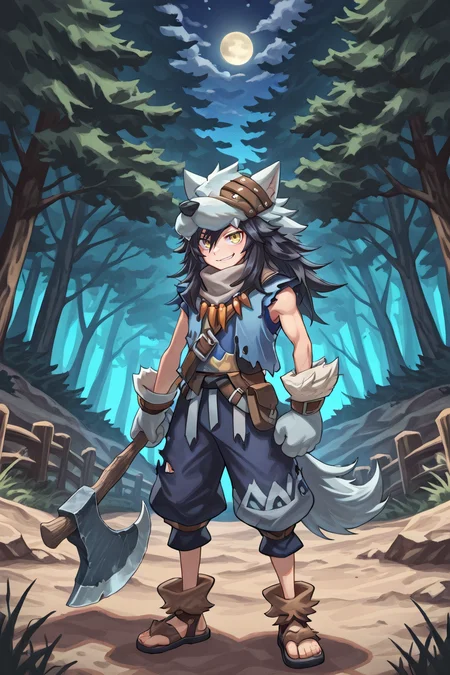 <lora:FlunkyIL:0.8> , fludef, 1boy, black hair, long hair, yellow eyes, wolf hat, wolf hood, wolf pelt, wolf tail, grey scarf, bandana around neck, necklace, tooth necklace, fur trim, blue vest, torn clothes, paw gloves, sandals, full body, wasteland, forest, bridge, mountains, exterior, night, smile, looking at viewer, holding axe, large axe, smirk, (solo), masterpiece, very aesthetic, absurdres, best quality, amazing quality, high resolution, detailed background, <lora:illustrious_quality_modifiers_masterpieces_v1:0.8> , <lora:ChamIllustriousBackgroundEnhancer:0.5>