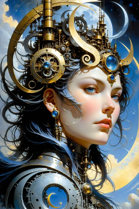 fantastic futuristic steam punk made of shiny brass towers, floating_swirls_made_of_steam, blue sky, silver moons, dramatic color palette, <lora:add-detail-xl:2> misc <lora:DonMW15pXL:0.5> DonMW15pXL, the head of a woman by aaron horkey <lora:John Berkey Style:0.6> John Berkey Style page <lora:d\EnvyFantasticXL01:1>, (masterpiece:1.2), best quality, (hyperdetailed, highest detailed:1.2), high resolution textures, <lora:EnvyBetterHiresFixXL01:1>