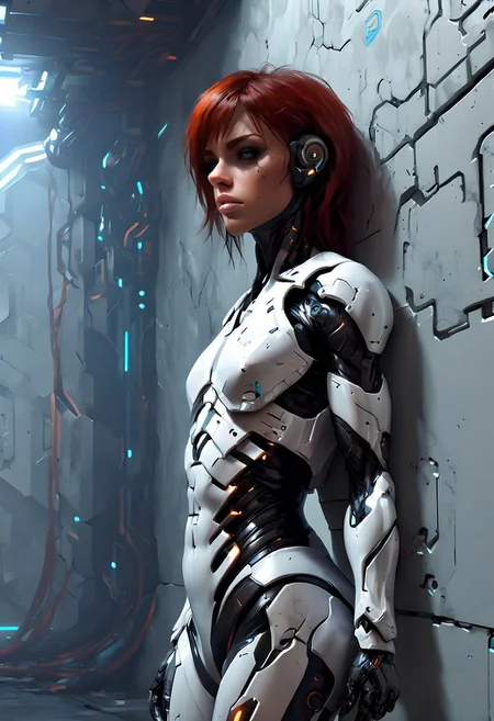 cpunk, IBG, 4ng3l face
1girl, cyborg body, leaning on wall, resting, sci fi background