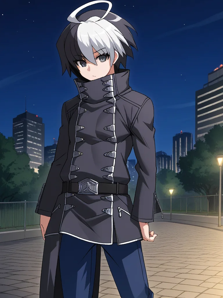 1boy, solo, sethuni, two-tone hair, multicolored hair, black hair, white hair, ahoge, black eyes, black coat, high collar, black belt, blue pants, standing, outdoors, city, night, park,