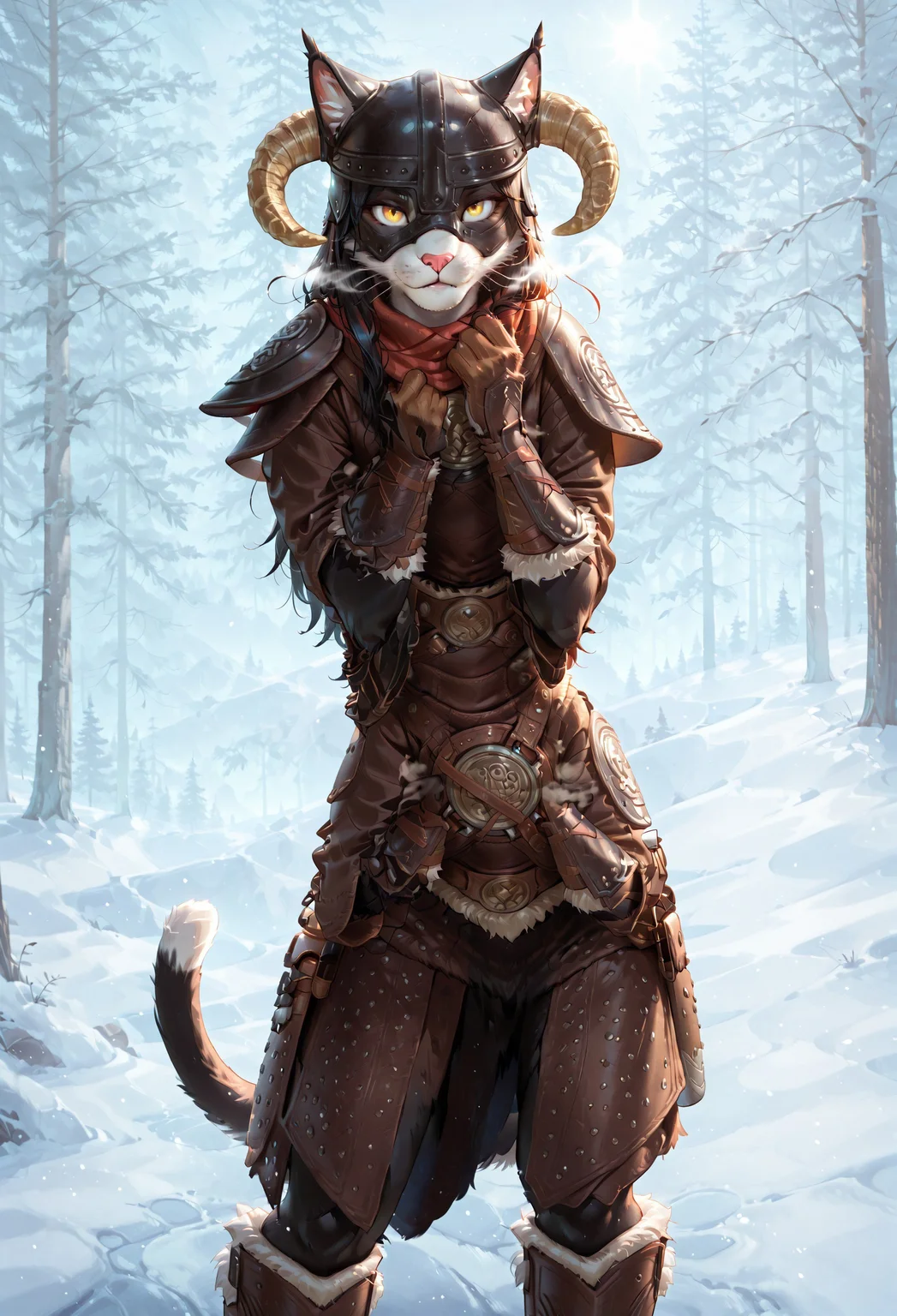 score_9, score_8_up, score_7_up, (solo), sfw, ITMStyle
BREAK 1girl, Ember (ESO), anthro, feline, black and white fur, cat tail, black hair, slim, (dovahkiin armor), brown gauntlets, horned helmet, brown knee boots, yellow eyes
BREAK cowboy shot, dynamic angle, dynamic pose, extremely detailed, cinematic soft lighting, tranquil setting, detailed background, sharp focus, extremely detailed, high detail, winter forest, winter, day
BREAK detailed eyes, detailed hair, depth of field, detailed fluffy fur, photorealistic details, volumetric lighting