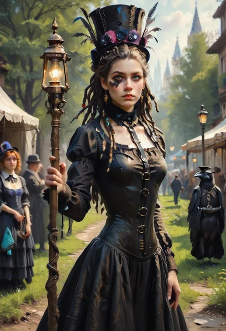 1girl, realistic, photo, dramatic, dynamic action, black eye paint, black forehead, (dreads:1.3), dreadlocks, heterochromia, slender,  jewelry, long hair, multiple women,  w1+ch,  PonyScores7, outdoors, realistic  breasts, small ass, slender, holding staff, staff, lantern , crow, feathers, hat <lora:Eldritch Oil Style LoRA_Pony XL v6:1> oil painting, traditional media, realistic,  victorian, harness <lora:Witch3:1>