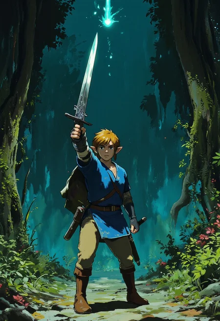 Vector art, uhd, 8k, 4k, epic, dramatic, Jujutsu kaisen manga, 4k quality, (Perfect hand:1.4), anime, (masterpiece), (detailed face), detailed,
Rendered in a style redolent of Impressionism, the painting utilizes a vibrant.
(Full body:1.4) digital artwork of Link wearing a blue tunic, tan pants, and brown boots. (He is holding the master sword in two hands with the blade pointed upwards in a low stance, ready to defend attacks with his sharp blade). (a metallic shine coming from the tip of the blade). He has a determined expression, ready to fight all enemies.
The background is a dark forest. The overall mood is ethereal and ghostly. Unknown spirits haunt the forest.