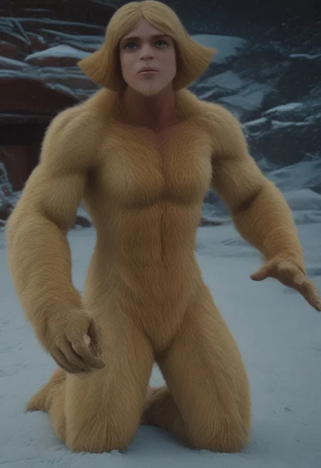 @brtlmss1, tall, muscular, thick limbs, large (kala:0.3) source_cartoon, cartoon_source, dark skin, yeti, bigsquatch, clover \(totally spies\), blonde hair, short hair, blue eye, on a mountain, blonde fur, female bigfoot, sasquatch, looking at viewer, breasts, sad gaze, detailed face, hairy body, detailed eyes, (detailed hands), detailed fingers, Shallow Depth of Field, hairy, FURRY BODY, yeti, (abominable snowman), very big feet, beard, covered in yellow fur,