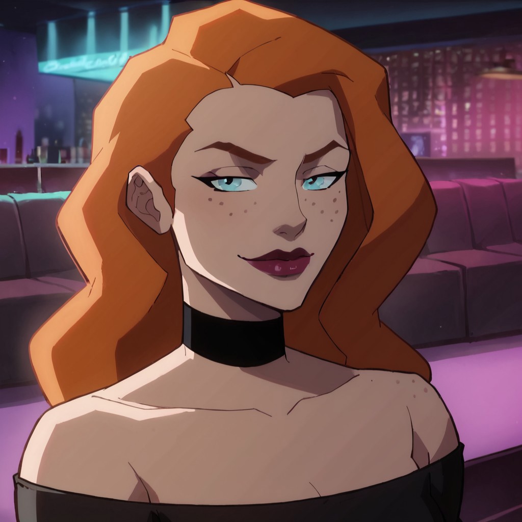 score_9, score_8_up, score_7_up, 1girl, solo, lipstick, orange hair, long hair, freckles, blue eyes, collarbone, black dress, choker, Knockout (dc), looking at viewer, nightclub, closed mouth, smug