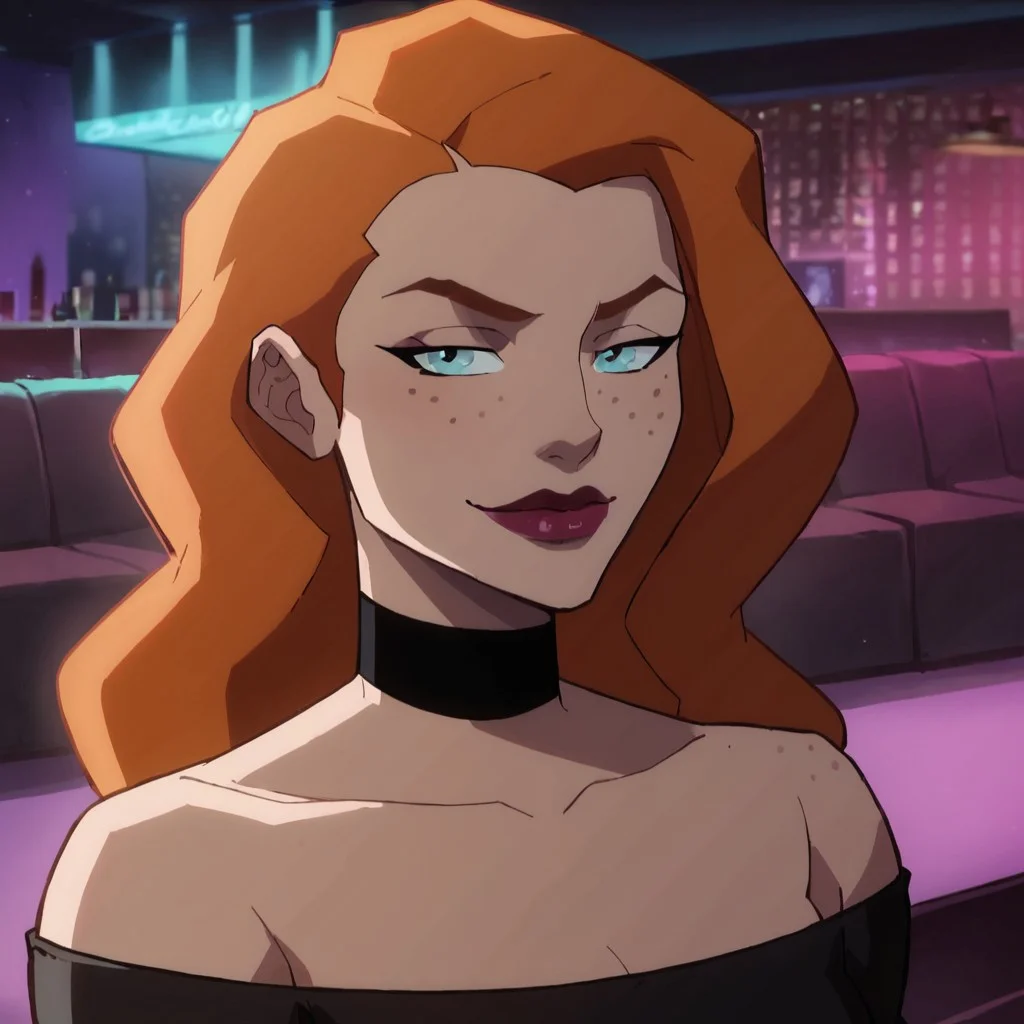 score_9, score_8_up, score_7_up, 1girl, solo, lipstick, orange hair, long hair, freckles, blue eyes, collarbone, black dress, choker, Knockout (dc), looking at viewer, nightclub, closed mouth, smug