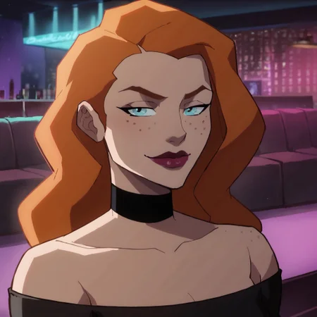 score_9, score_8_up, score_7_up, 1girl, solo, lipstick, orange hair, long hair, freckles, blue eyes, collarbone, black dress, choker, Knockout (dc), looking at viewer, nightclub, closed mouth, smug
