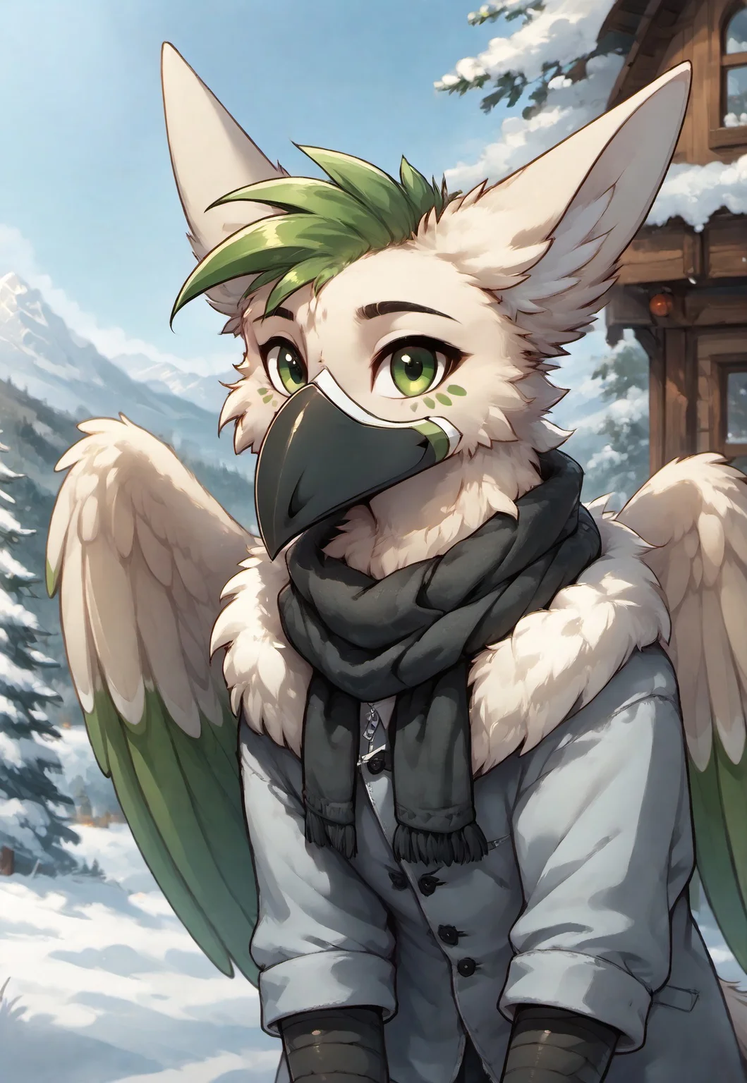 masterpiece, score_9_up, score_8_up, score_7_up, score_6_up, source_furry, rating_safe, (best quality:1.1), ultra-detailed, high resolution, solo, highly detailed macro illustration BREAK 1boy, ralek (oc), griffon, feral, green hair, (beautiful green eyes), (happy expression, cute face:1.2), smile, two-tone body, avian, fluff in ears, beak, claws, wings BREAK snow, outdoors, winter, portrait, face focus, looking at viewer, black scarf, winter coat, house in background, mountains, spruce trees, Highly Visible, perfect lighting, anatomically correct, extremely detailed, high detail, Expressiveh, OverallDetail, zPDXL3