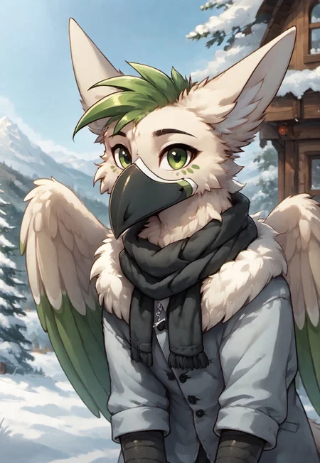 masterpiece, score_9_up, score_8_up, score_7_up, score_6_up, source_furry, rating_safe, (best quality:1.1), ultra-detailed, high resolution, solo, highly detailed macro illustration BREAK 1boy, ralek (oc), griffon, feral, green hair, (beautiful green eyes), (happy expression, cute face:1.2), smile, two-tone body, avian, fluff in ears, beak, claws, wings BREAK snow, outdoors, winter, portrait, face focus, looking at viewer, black scarf, winter coat, house in background, mountains, spruce trees, Highly Visible, perfect lighting, anatomically correct, extremely detailed, high detail, Expressiveh, OverallDetail, zPDXL3