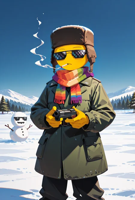 <lora:xmattar-10:1> xmattar, , , solo,, pixel sunglasses, 1boy,russian cold war winter uniform, , yellow skin, circular head,, cigarette, smoking, <lora:t4kar4i_shunsuk3:1> t4kar4i_illu, no_outlines, no lineart, burried in the snow, snowman in the background, holding ak-47 with both hands, aiming, ,black cold war russian coat, rainbow scarf, black russian ushanka,, masterpiece, best quality, amazing quality, very aesthetic, absurdres, newest,