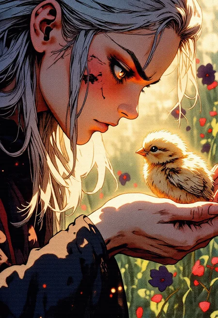 A haunting close-up of a pale vampiress, her ethereal face illuminated by the warm beige light of dusk, framed by wild strands of flowing silver hair that drift like smoke through the golden air. Her glowing gray-blue eyes, filled with ancient sorrow and unspoken hunger, fixate intently on the tiny creature in her hand — a fluffy, golden chick, cradled gently in her pale fingers, held just inches from her parted lips.
The contrast is striking: the chick chirps softly, warm and alive, a ball of innocence and fragility, while the vampiress — timeless, elegant, and deadly — stares at it with unreadable intent. Her fang teeth glint faintly between her lips, sharp and ivory white, but she does not move to bite. Her expression is not predatory, but reverent — as if holding something sacred and impossibly rare.
The background is a lush green meadow, blurred with depth of field, peppered with enormous dark blossoms in shades of deep plum, black, and burgundy, swaying gently in the wind like silent witnesses. A few petals have drifted into the frame, their velvet textures brushing against her bare wrist and tangled in her hair.
The chick's soft yellow feathers shimmer subtly in the light, contrasting with the vampiress’ nearly translucent skin. Her black silk garment, barely visible at the edge of the frame, flutters like a shadow tethered to her presence, its tattered sleeve curling near the chick like a protective shroud.