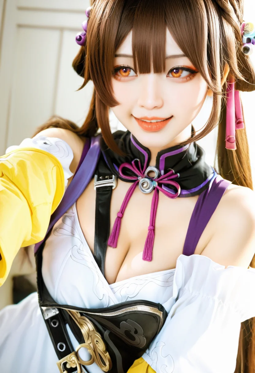 DSLR,film photography,(realistic,photorealistic:1.2),cosplay photo, masterpiece, best quality, very aesthetic, absurdres,,(miurahha, bacius, ririko \(fhnngririko\):0.4),<lora:star_rail_all:1> 1girl, black belt, black nails, black vest, braid, brown hair, chinese clothes, cleavage, hair ribbon, long hair, off-shoulder shirt, orange eyes, parted lips, purple ribbon, red eyeshadow, smile, solo, sushang (honkai: star rail), teeth, twintails, white shirt, yellow ribbon, yellow sleeves ,<lora:noobReal-V1:0.9>, <lora:spo_sdxl_10ep_4k-data_lora_webui:0.9>, <lora:sdsFILM_v40-sdxl-V1:0.6>
