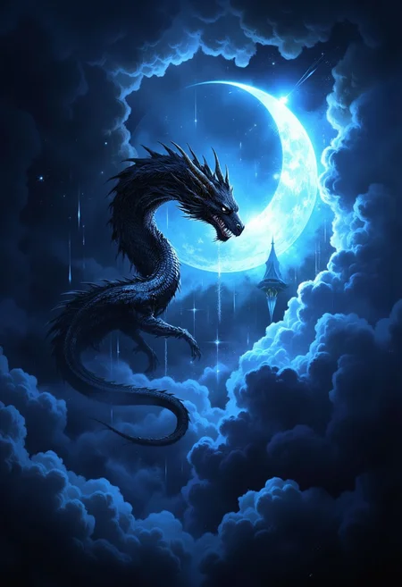 The image portrays a mystical, dark scene set in a full of cloudy, nighttime sky, featuring a large, serpentine dragon coiled around a luminous crescent moon. The dragon's body is long and sinuous, with dark, jagged scales that create a stark contrast against the bright, glowing moon. Its head is adorned with a crown of sharp, angular horns, and it gazes down with a menacing yet majestic presence. The moon, radiating an ethereal blue light, appears almost crystalline, casting an otherworldly glow on the surrounding clouds, which are illuminated in varying shades of deep blue and black. The overall composition has a surreal, dreamlike quality, combining elements of fantasy and celestial imagery. The artwork is rich in detail, with the clouds rendered in a soft, billowing texture, while the dragon and moon feature sharp, defined lines and highlights, enhancing the mystical atmosphere of the piece.