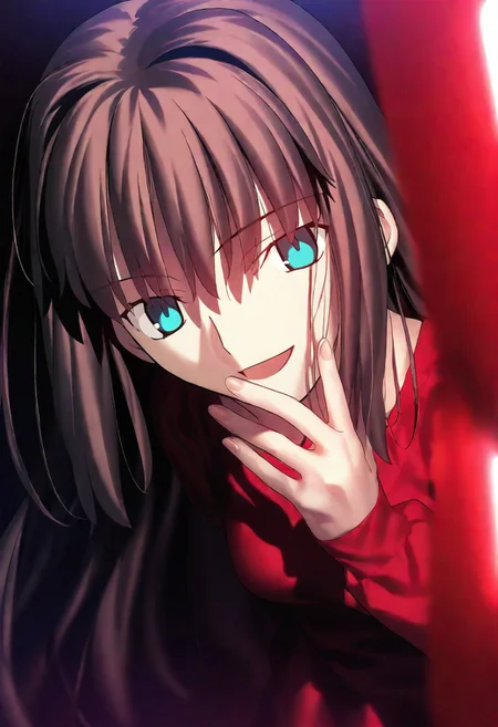 1 girl,(foreshortening ),smug,hand to own mouth,half-closed eyes,dynamic angle,depth of field,high contrast,colorful,detailed light,light leaks,beautiful detailed glow,best shadow,shiny skin,cinematic lighting,ray tracing,female focus,open mouth,1girl,feet out of frame,looking at viewer,aozaki aoko, long hair, brown hair, blue eyes, Takeuchi Takashi,(((masterpiece,best quality,newest,absurdres,highres, safe))),