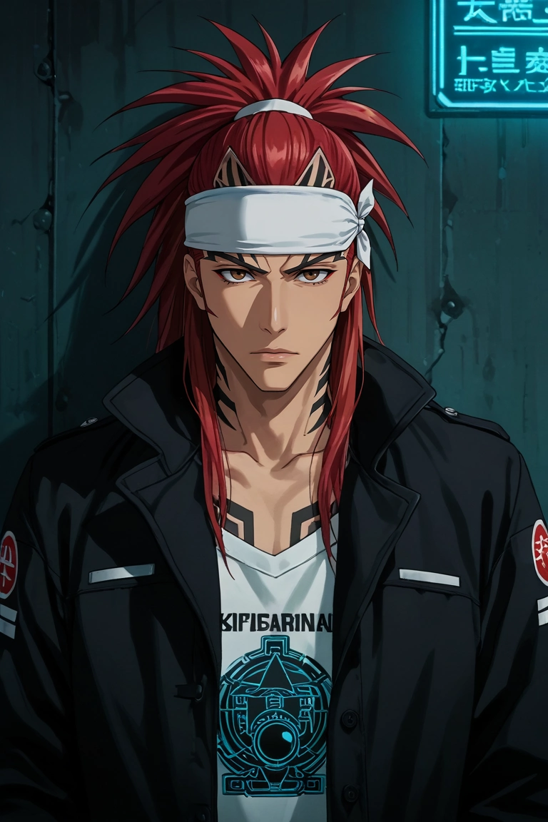 score_9, score_8_up, score_7_up, source_anime, rating_safe, intricate details, , looking at viewer, , 1boy, solo, male focus, <lora:renji_abarai_pony:0.94>, renji_abarai, red hair, brown eyes, spiked hair, long hair, ponytail, tattoo, white headband, cyberpunk alley, hologram ads, steam vents, neon signs, leaning against wall, cool expression, night, Mosaic Linen shorts, Sweater, , Pharaoh's headdress, Oxygen Mask, <lora:sdxl_lightning_8step_lora:1>
