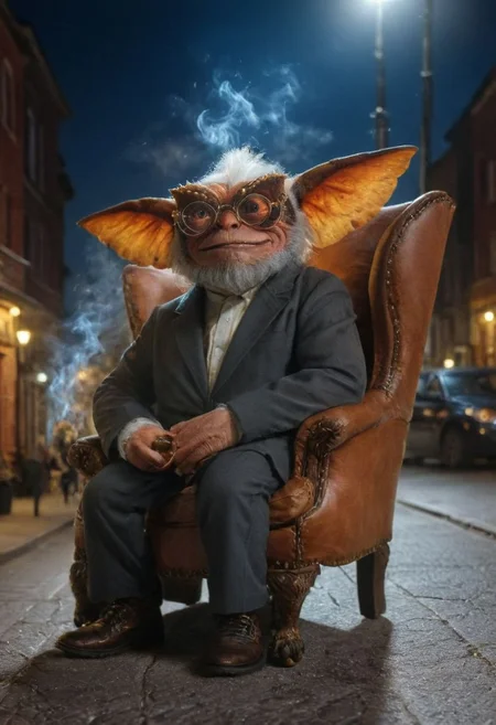 (Xinteligencex:1.3), Xgremlinx,High-neck jersey jacket glasses sitting in an armchair smoking a pure,amazing quality, masterpiece, best quality, hyper detailed, ultra detailed, UHD, perfect anatomy, portrait, hyper-realism, majestic, awesome, inspiring, - portrait in night city street , cinematic composition, soft shadows, national geographic style,